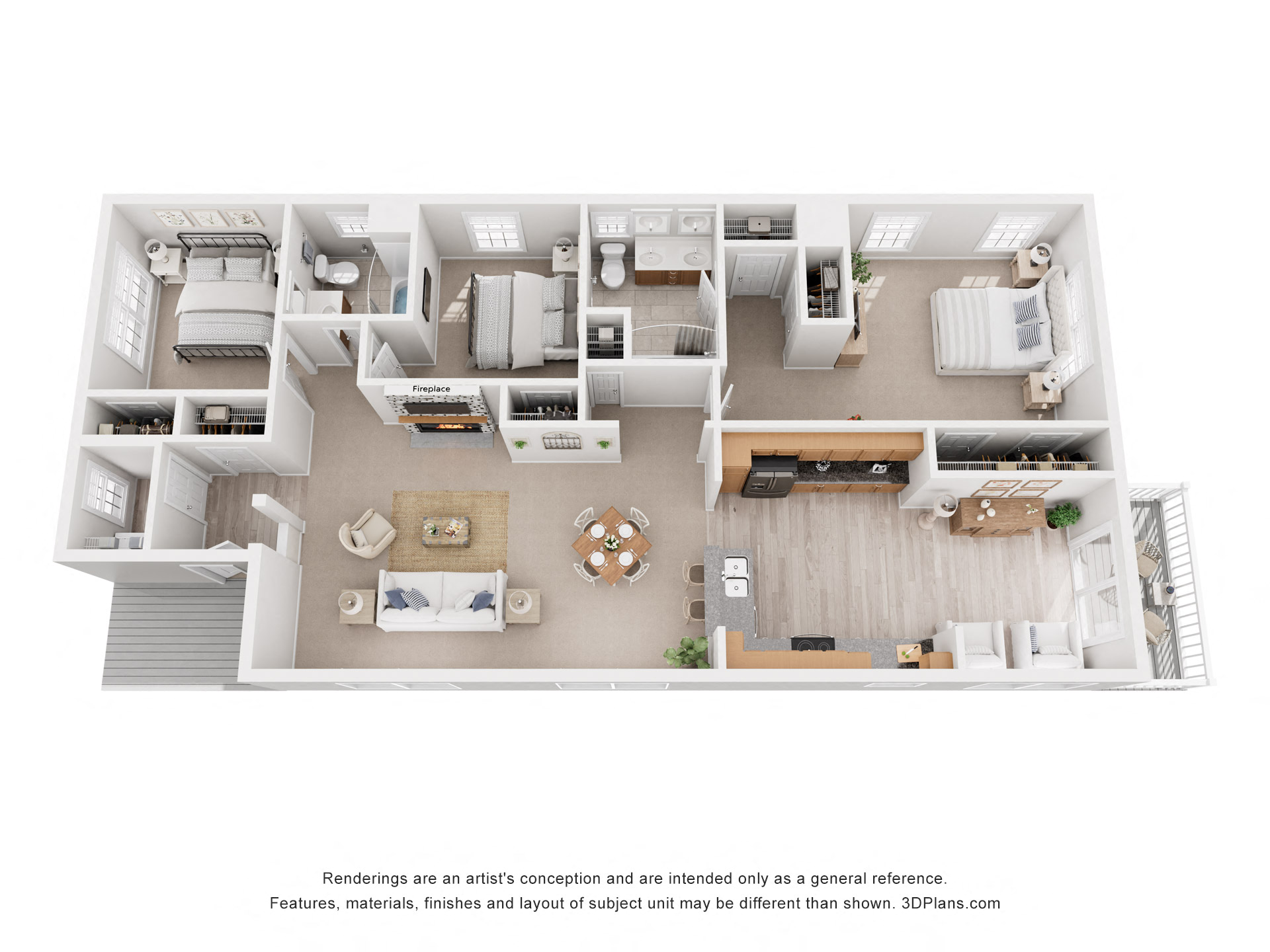Floor plan for 3 beds, 2 baths, 1640 sqft